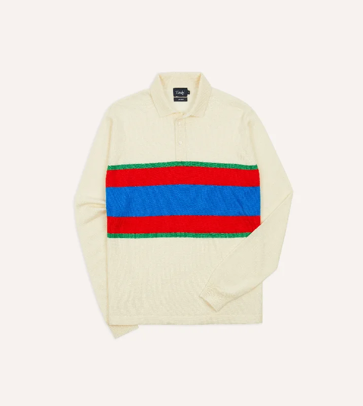 Ecru Centre Stripe Wool Knitted Rugby Shirt Modern Men's 