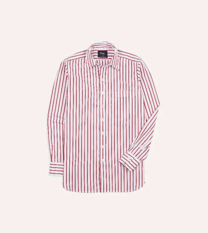 Red and White Stripe Cotton Poplin Long Point Collar Shirt Bohemian Men's Free