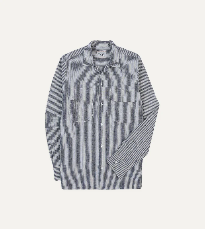 St. JOHN by Drake's Indigo Stripe Linen Camp Collar Long Sleeve Shirt Confident Men's High