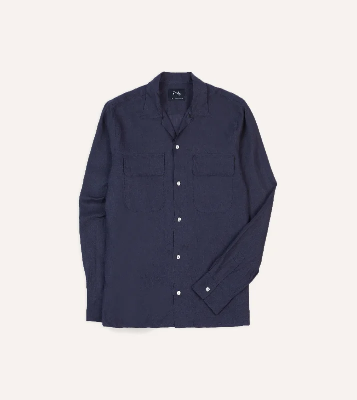 Navy Linen Camp Collar Long Sleeve Shirt Vacation