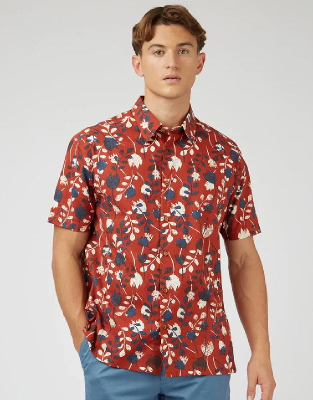 Ben Sherman Stencil Floral Print Cinnamon Short Sleeve Shirt Unique Men's Patch