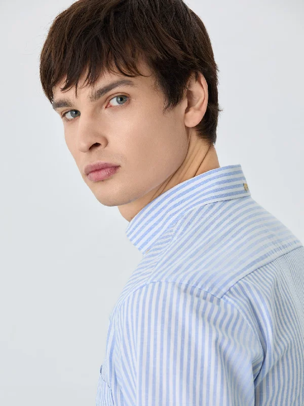 Slim Fit Shirt With Chest Pocket In Cotton-linen Blend With Stripes Street