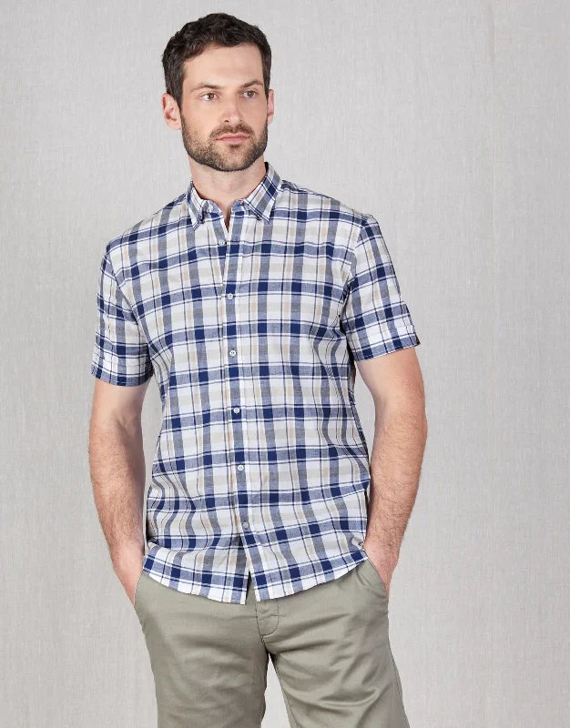 Waihi Blue & Beige Check Short Sleeve Shirt Relaxed Men's Australian 