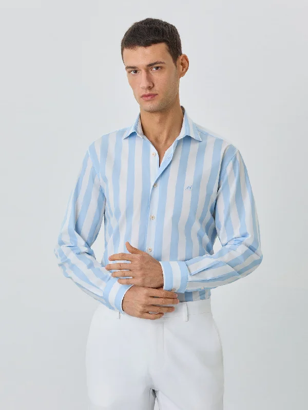 Slim Fit Shirt With Open Collar in BCI Cotton With Stripes Street