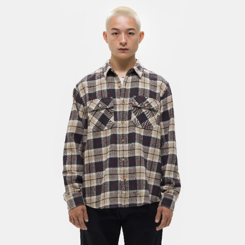 JJJJound Plaid Shirt in Black/Tan Sleek Men's Metallic