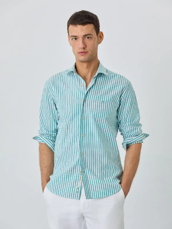 Slim Fit Shirt With Open Collar in BCI Cotton With Stripes Modern Men's 