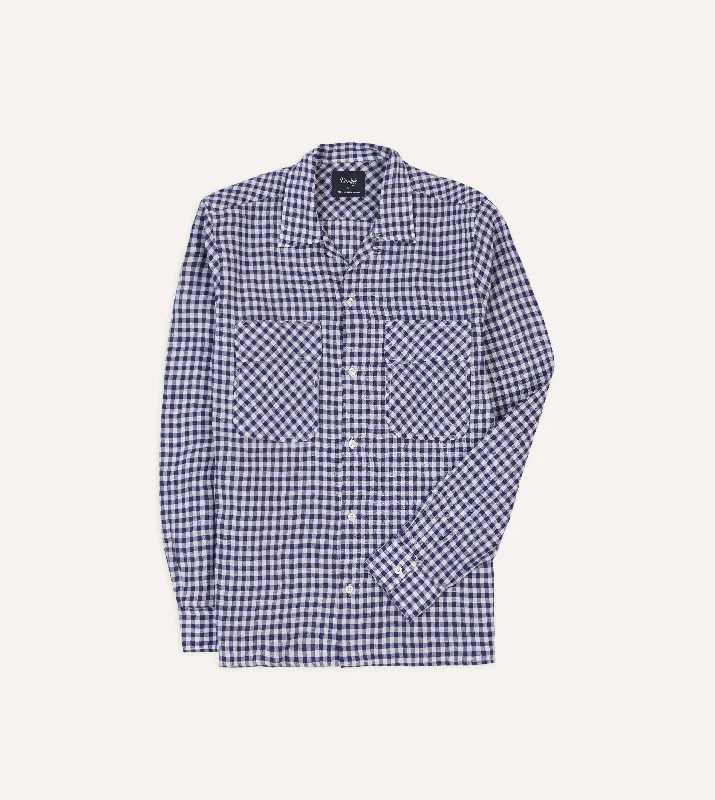 Navy Gingham Check Linen Camp Collar Long Sleeve Shirt Streetwear Style