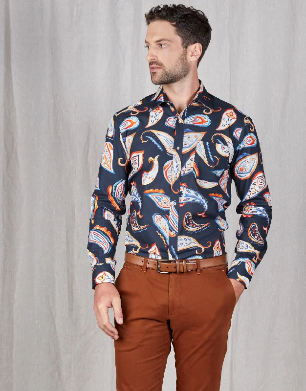 Sinatra Navy & Orange Paisley Shirt Beach