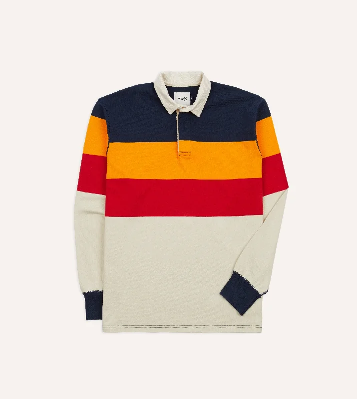 Navy, Yellow and Red Block Stripe Cotton Rugby Shirt Bohemian Men's Free