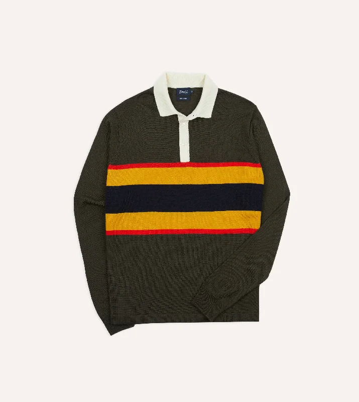 Olive Centre Stripe Wool Knitted Rugby Shirt Relaxed Men's Australian 