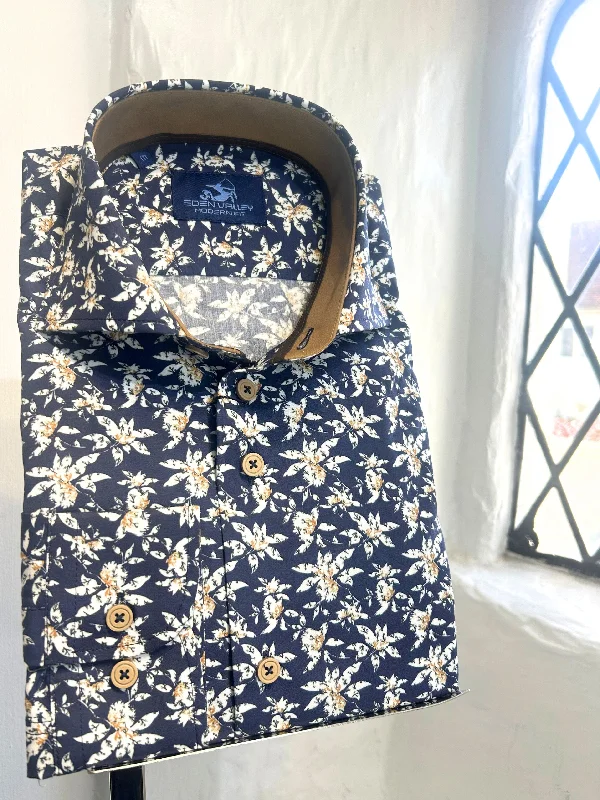 DARK BLUE WITH WHITE FLOWERS LONG SLEEVE SHIRT Trendy Men's Bucket