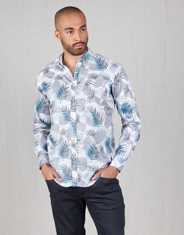 Ohope Blue Leaf Print Shirt Modern Men's Geometric