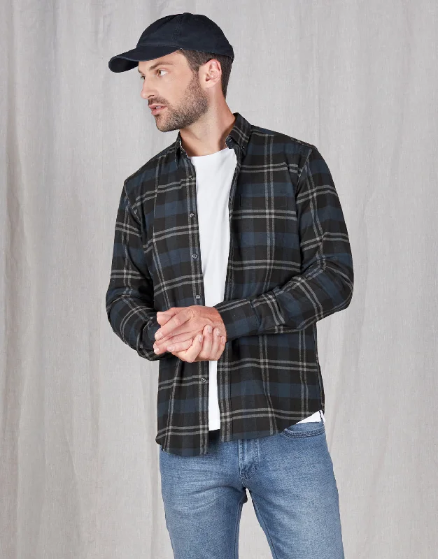 Ohope Blue & Black Check Flannel Shirt Monochromatic Office Style