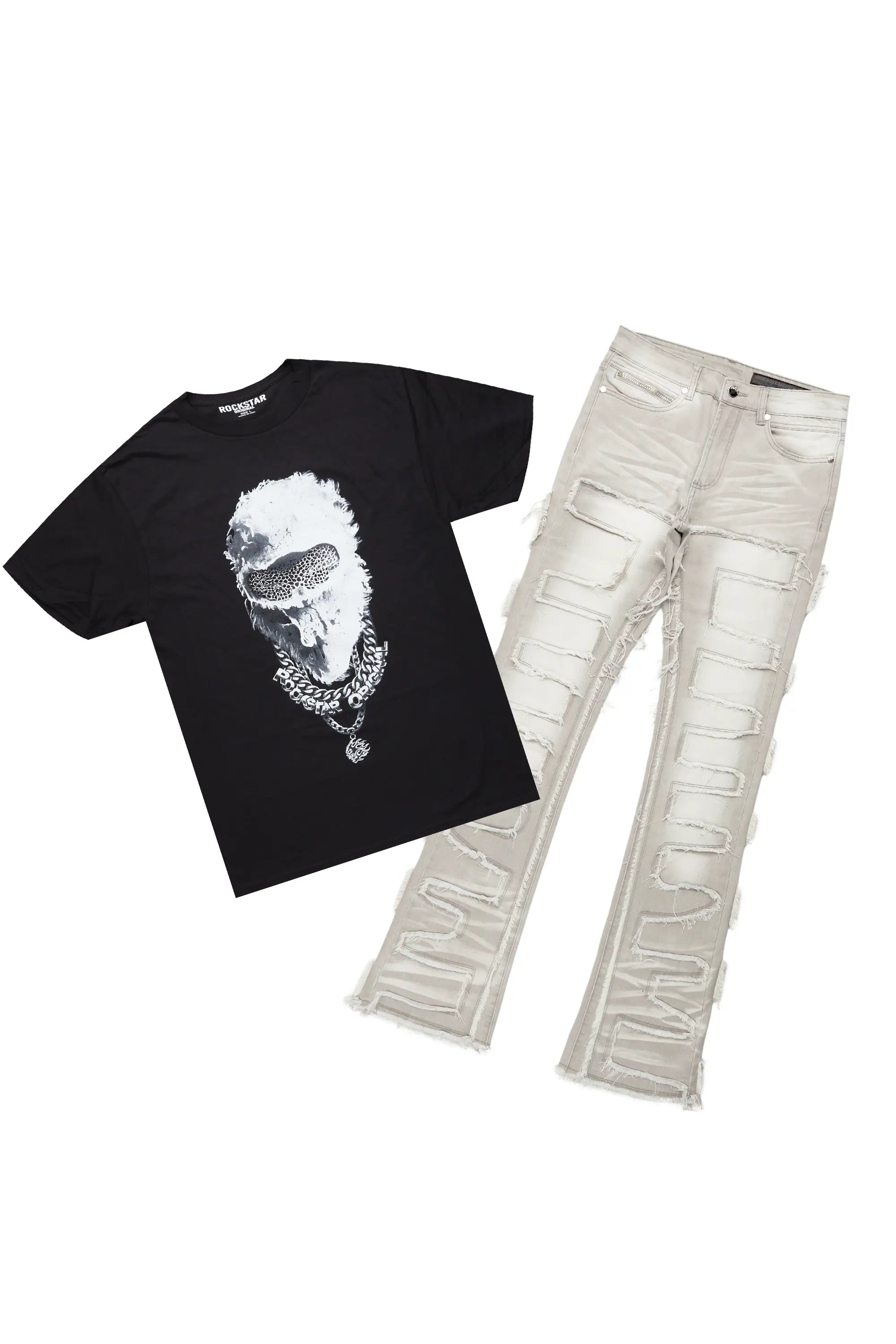 Ponce Black T-Shirt & Shake Grey Stacked Flare Jean Bundle Relaxed Men's Beach