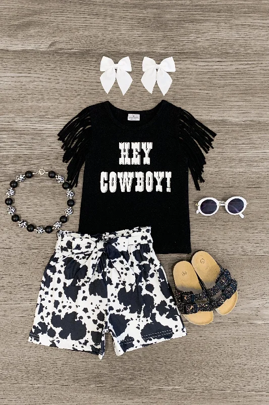 "Hey Cowboy!" Cow Print Tie Short Set Laid