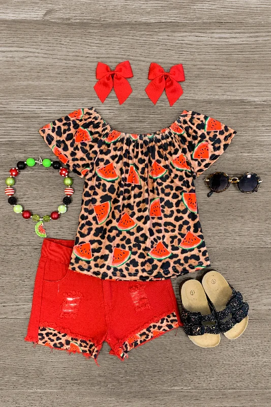 Watermelons & Leopard Denim Short Set Luxurious Men's High