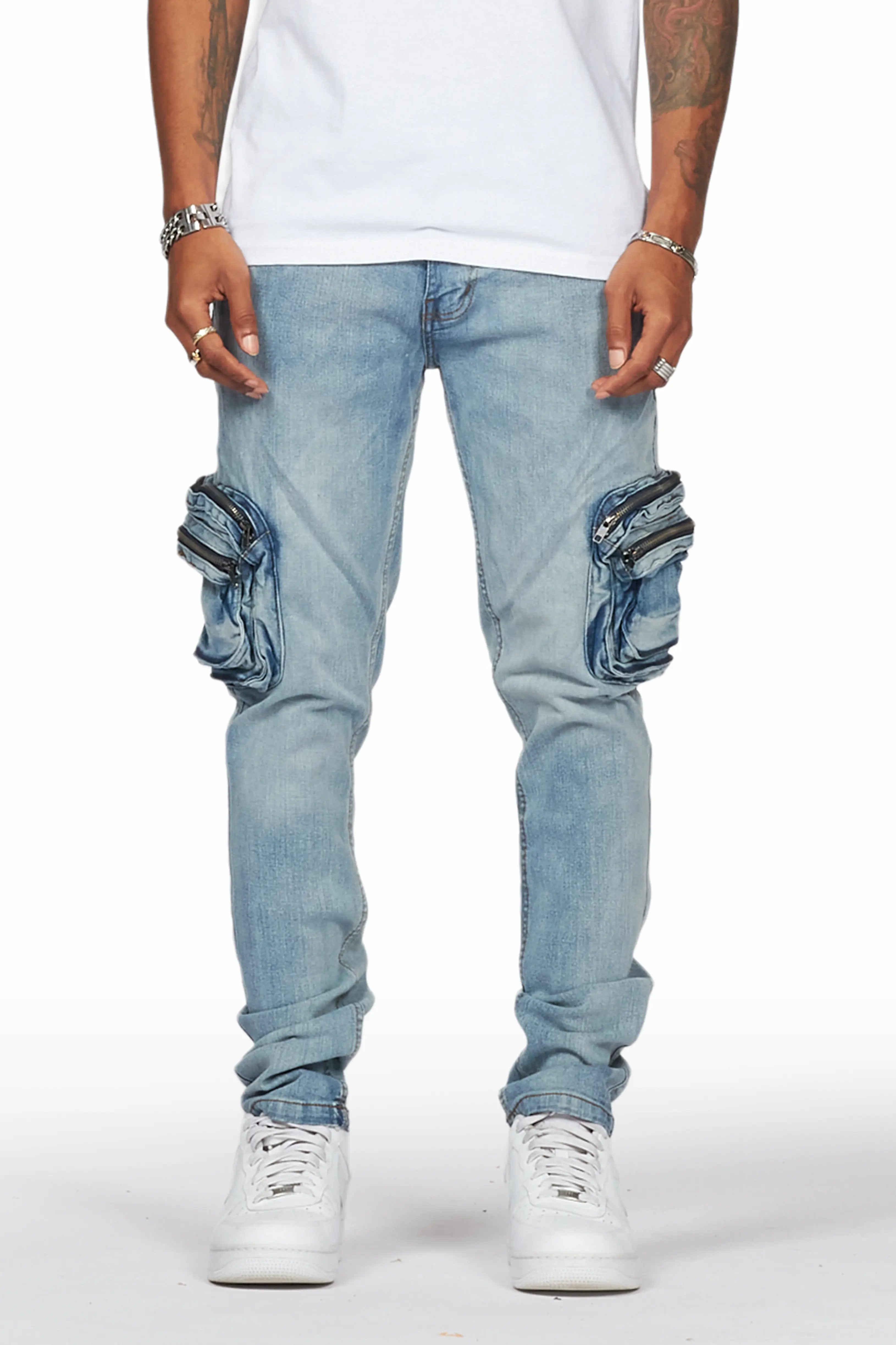 Falan Light Blue Skinny Fit Cargo Jean Trendy Men's Bucket