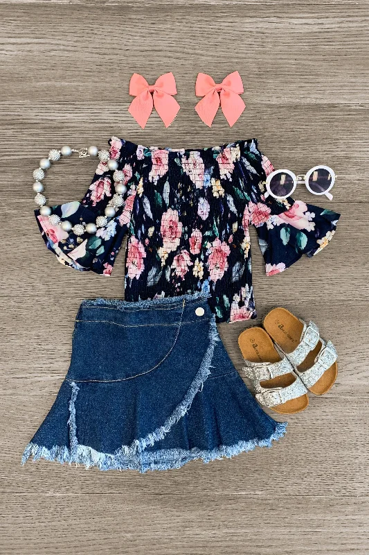 Floral Faux Wrap Denim Skirt Set Rugged Men's Outdoor 