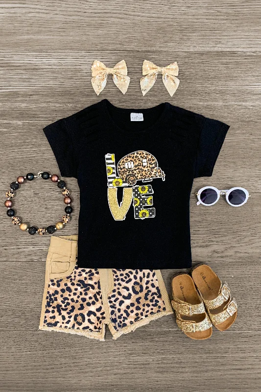 "Love" Cheetah Camper Denim Short Set Youthful Men's Anime