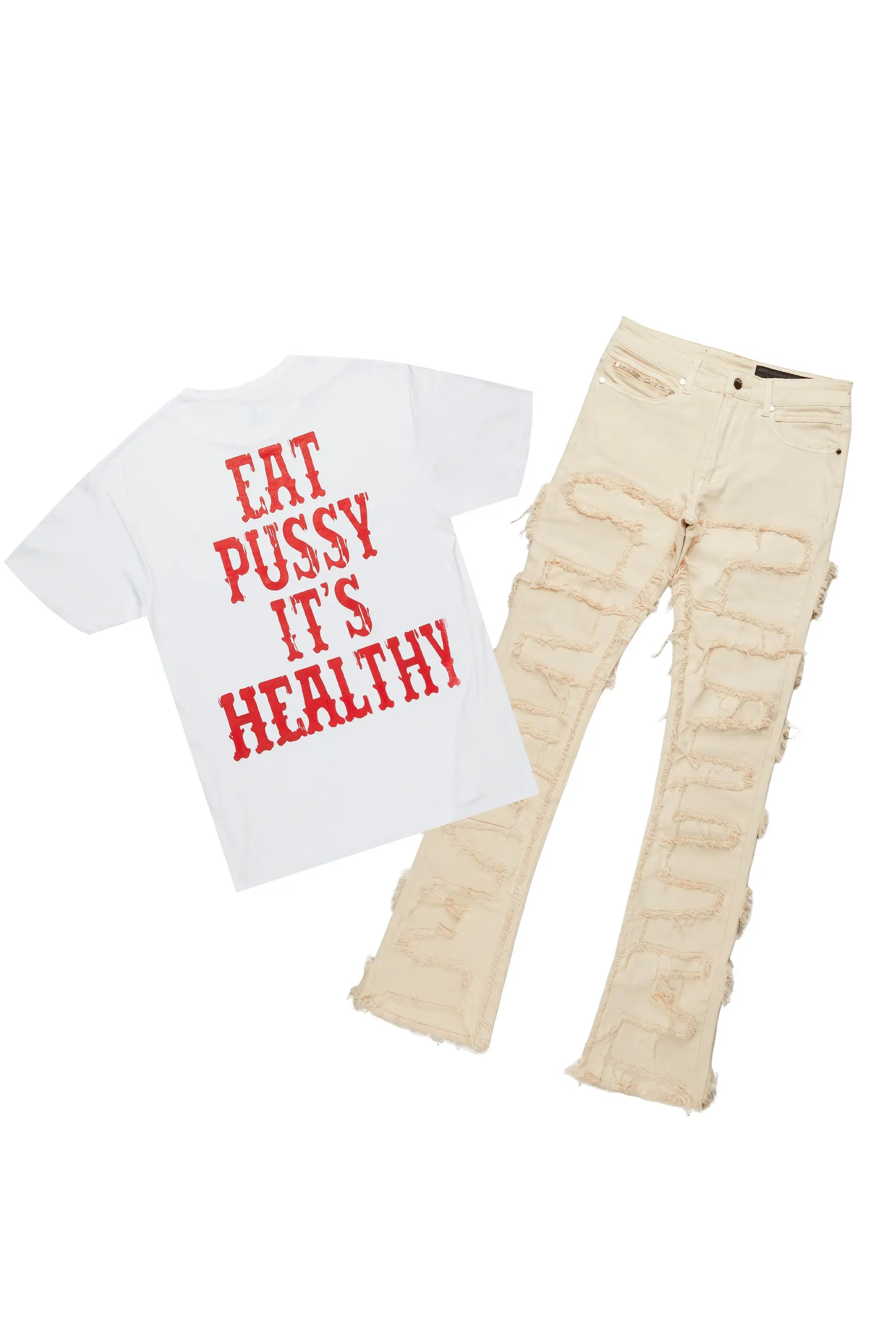 Posse White T-Shirt & Shake Beige Stacked Jean Bundle Cclassic Men's Tweed