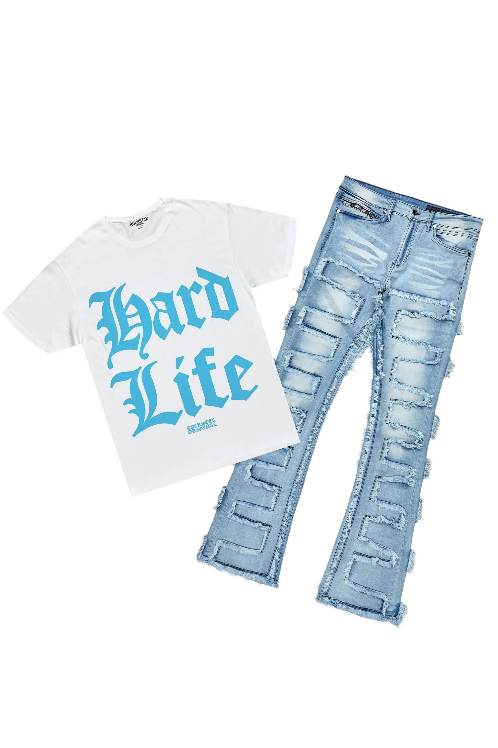 Hard Life White T-Shirt & Arne Blue Stacked Flare Jean Bundle Luxurious Men's High