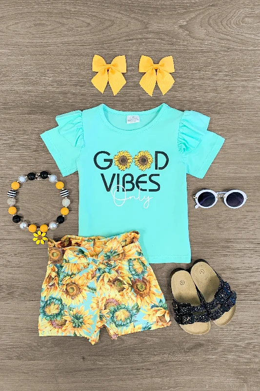 "Good Vibes Only" Mint Sunflower Tie Short Set Rugged Men's Outdoor 