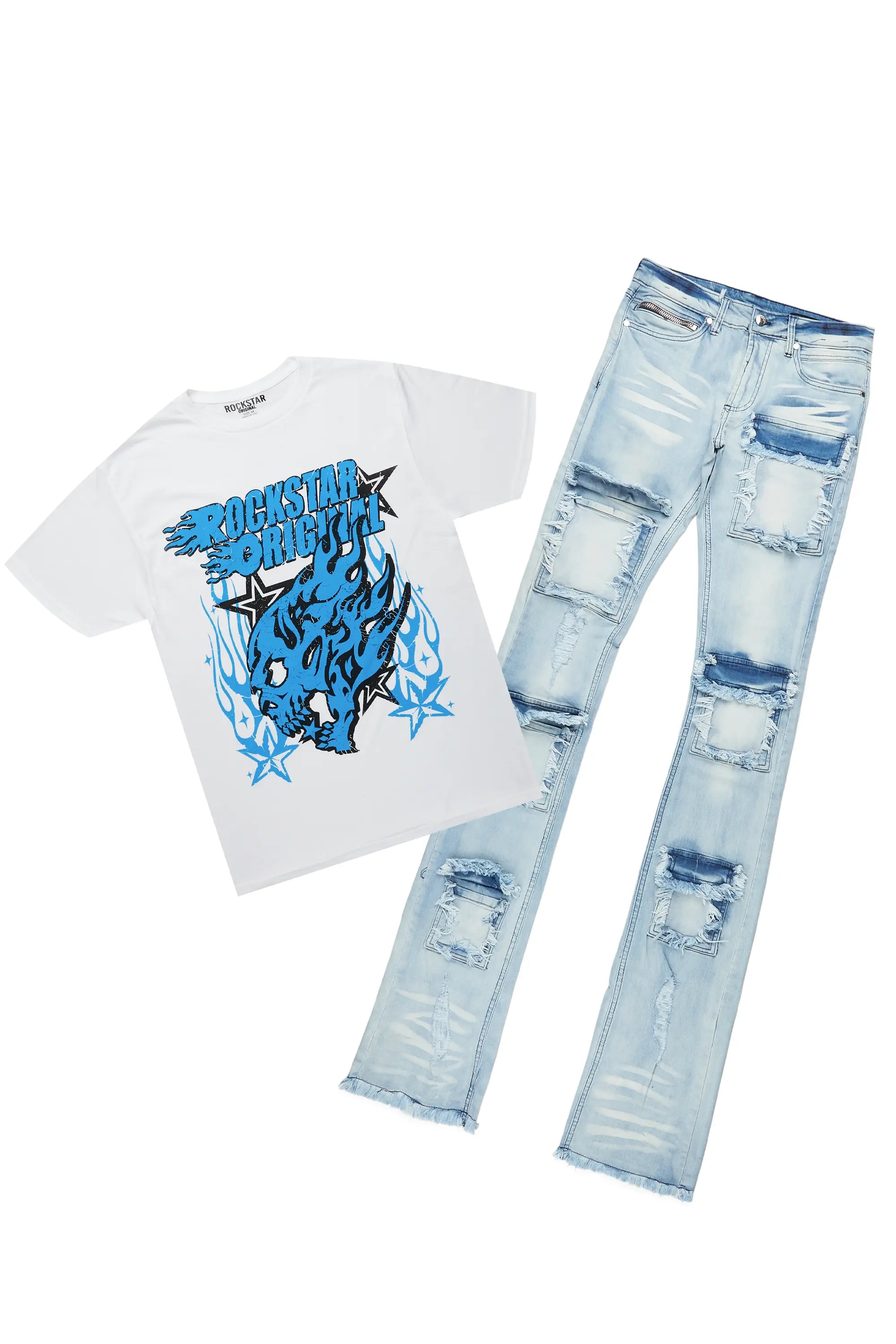 Smitty White T-Shirt & Asle Blue Super Stacked Flare Jean Bundle Relaxed Men's Australian 