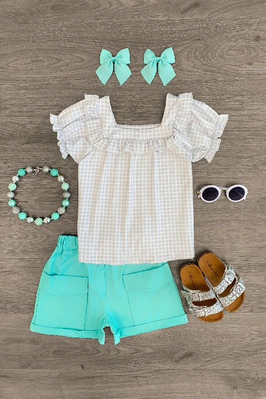 Gray Checkered & Mint Short Set Business