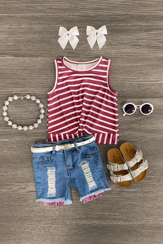 Plum Striped Denim Short Set Trendy Men's Bucket