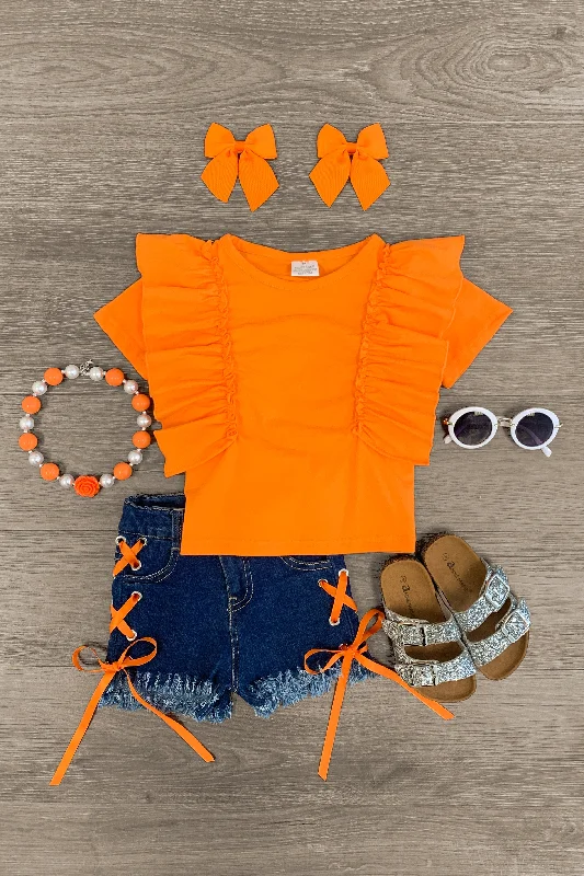 Orange Ruffle Lace Up Denim Short Set Edgy Men's Punk