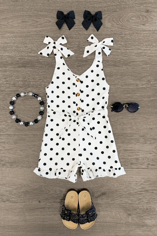 White Polka Dot Tie Shoulder Romper Elegant Men's Formal 