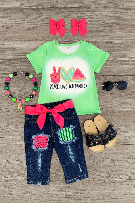 "Peace. Love. Watermelon" Green Denim Capri Set Bohemian Men's Free