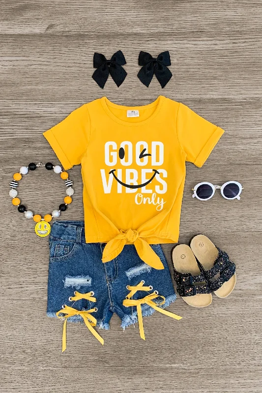 "Good Vibes Only" Mustard Lace Up Denim Short Set Refined Men's Classic 