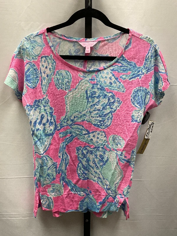 Blue & Pink Top Short Sleeve Designer Lilly Pulitzer, Size Xs Elegant Men's Cashmere